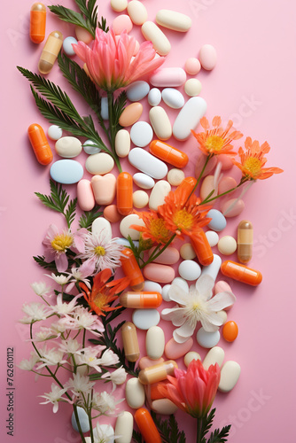 herbal pills on pastel background сreated with Generative Ai