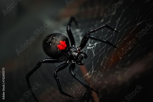A black spider with red markings on its back is sitting on a web. The spider is surrounded by a dark background, which creates a mood of mystery and intrigue