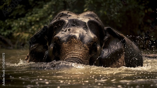 An Indian Elephant is seen bathing in a body of water, surrounded by trees in the background. The elephant appears relaxed as it splashes and drinks water. © vadosloginov
