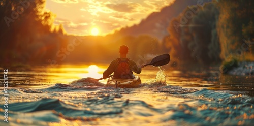 kayak canoe floats down the river at sunset © Olha