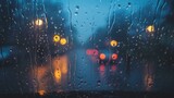 Rain streaks cover a window, with street lights illuminating the background.