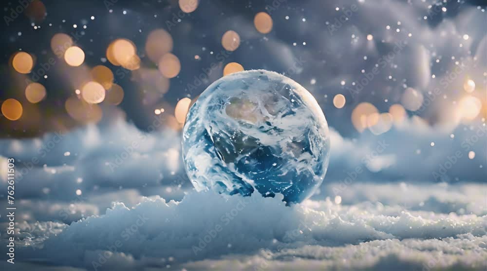 Earth globe in winter with bokeh lights background