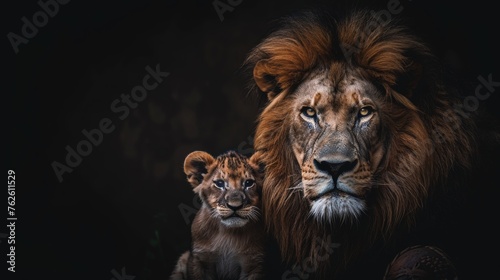 Male lion and cub portrait with ample space for text  object placed on the right side