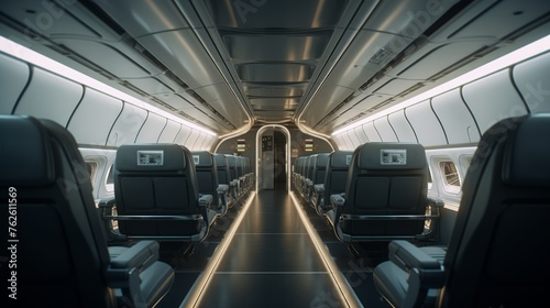 Generative AI Spacious and modern aircraft cabin interior with comfortable seats, ambient lighting, and passengers enjoying the flight