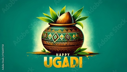 Grunge illustration for ugadi with a pot decorated with a coconut and mango leaves.