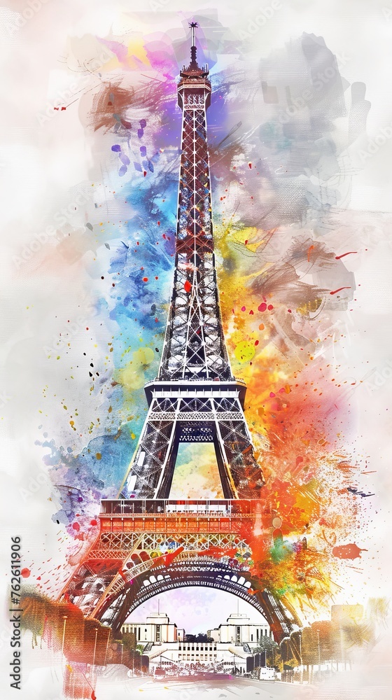 A detailed watercolor painting showcasing the iconic Eiffel Tower in Paris, capturing its intricate iron lattice structure and towering presence against the city skyline.