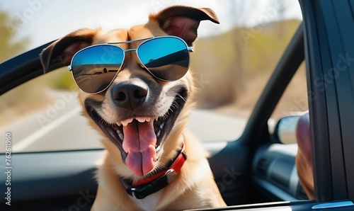 A happy dog with head out of the car window having fun generative ai 