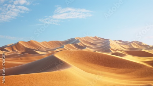 A group of sand dunes stands tall under a clear blue sky in this scenic landscape. The rippling texture of the dunes contrasts with the vast expanse of the sky above.