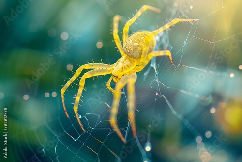 A detailed view of a bright yellow sac spider perched on its intricately woven web, showcasing the arachnids unique coloring and delicate features.
