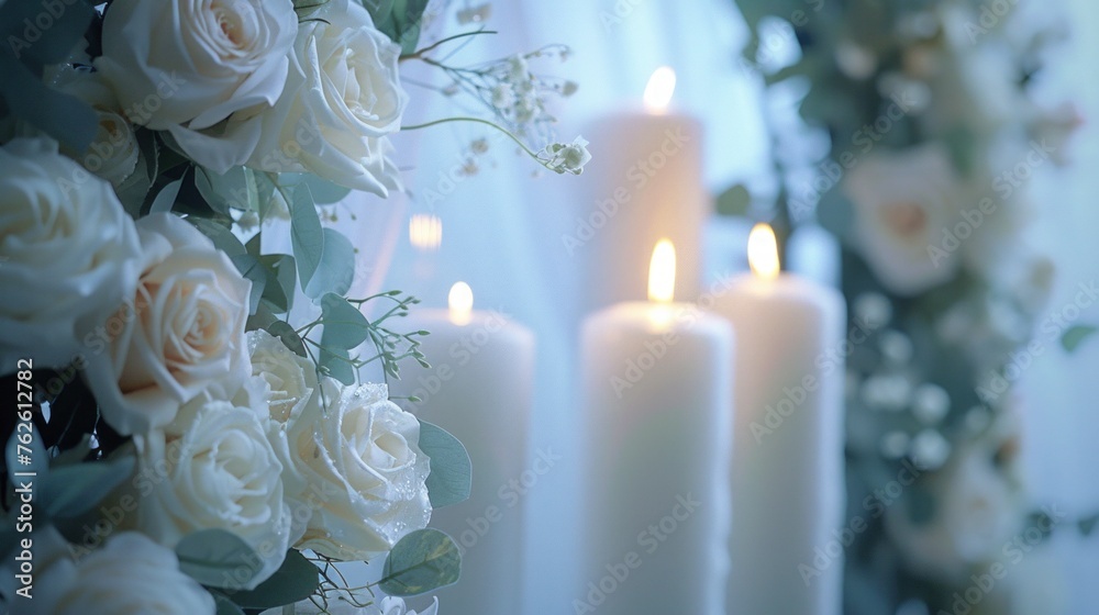 Obraz premium White candles white roses decoration wedding