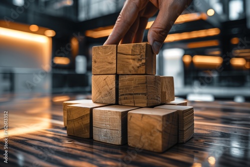 Against a backdrop of sleek, modern architecture, a hand is seen arranging wooden blocks in a close-up shot that epitomizes the concept of business growth and success. photo