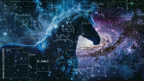 A horse is in the center of a galaxy with a lot of numbers and equations surrounding it. Concept of mystery and wonder, as if the horse is a symbol of knowledge and discovery in the vastness of space