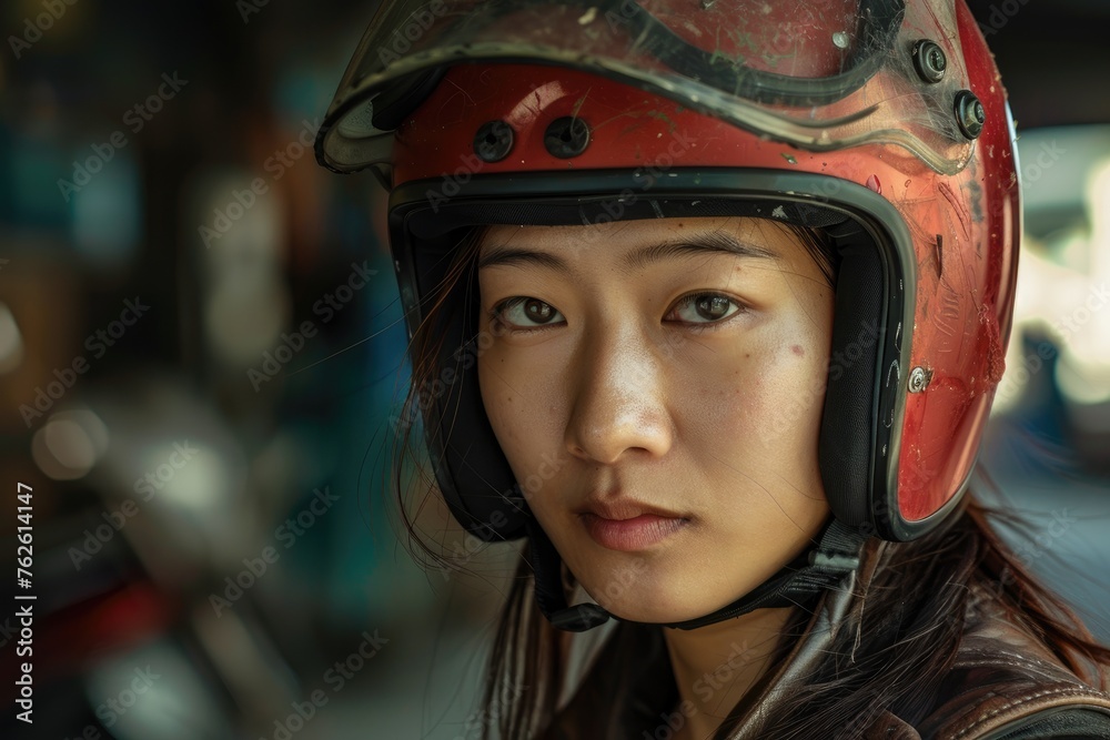 Close-up portrait of an Asian woman gazing through a blue visor of a safety motorcycle helmet Close-up portrait of an Asian woman gazing through a blue visor of a safety motorcycle helmet