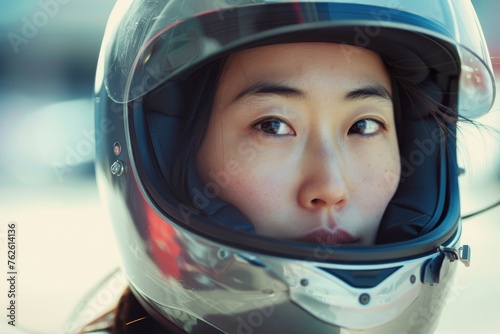 Close-up portrait of an Asian woman gazing through a blue visor of a safety motorcycle helmet © Lubos Chlubny