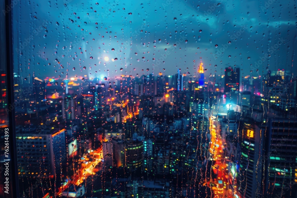 Rain drops on window with cityscape at night