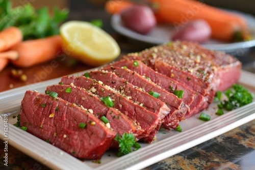 Sliced roast beef on wooden board