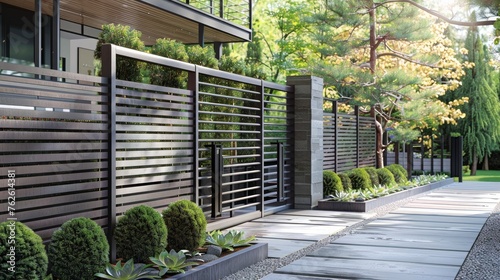 Modern metal fence for fencing the yard area and gardens