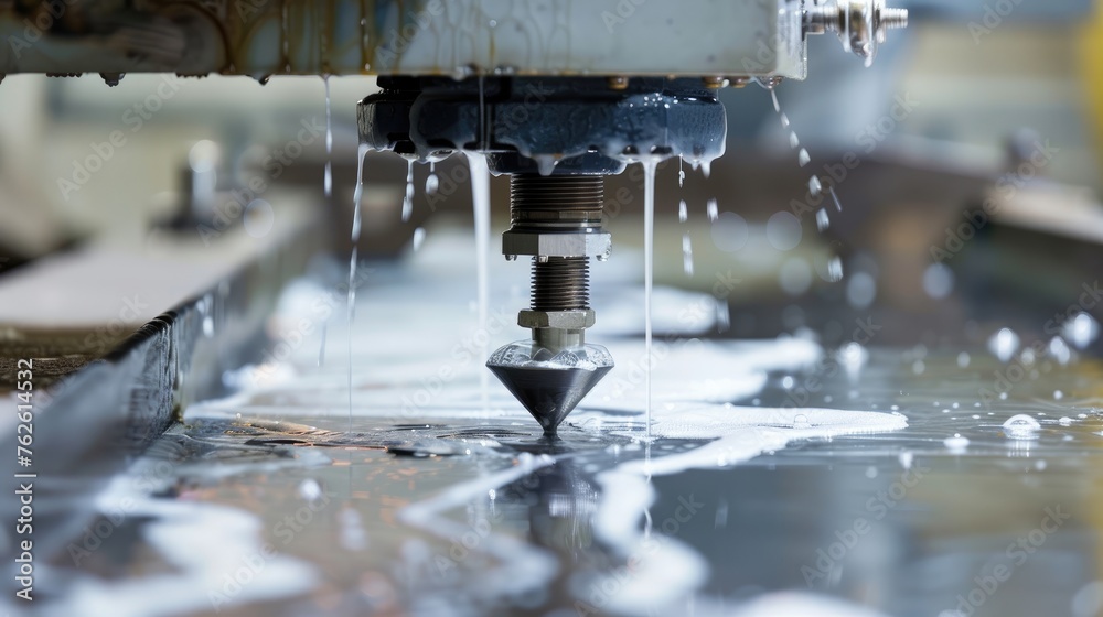 Waterjet Cutting. Machine using water pressure to cut through stainless steel materials --ar 16:9 Job ID: 4575ffd1-f742-4297-8eb2-416d70a99b83