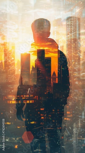 A man is standing in front of a city skyline. The tall buildings and urban landscape create a striking contrast to the figure in the foreground.