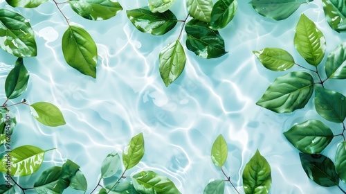 Green leaves show clear water on a light background. Summer background for the display of natural cosmetics. Nature background for luxury spa product