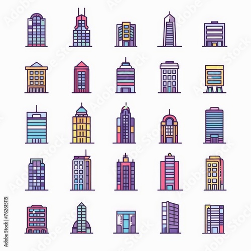 vector minimalistic colorful icon set, building icons, AI Generated