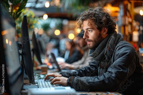 A focused man with curly hair works on a laptop in a bustling cafe illuminated by warm lights.