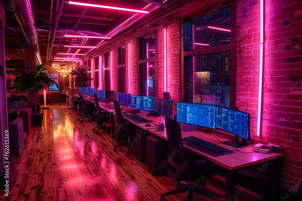 Vibrant tech office with pink neon lights and multiple computer screens.