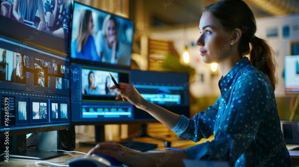 A woman editor is holding a mouse pen while working on video editing. She seems to be enjoying her job as she creates content A woman editor is holding a mouse pen while working on video editing. She seems to be enjoying her job as she creates content