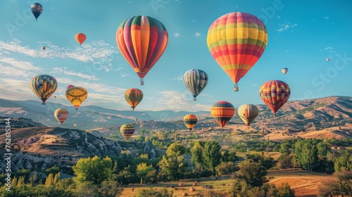 A colorful hot air balloon festival is taking place in a beautiful, lush green valley. The sky is filled with hot air balloons of various shapes and sizes, creating a vibrant and lively atmosphere