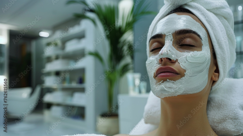 A woman wearing a mask on her face is in a beauty salon at a spa A woman wearing a mask on her face is in a beauty salon at a spa