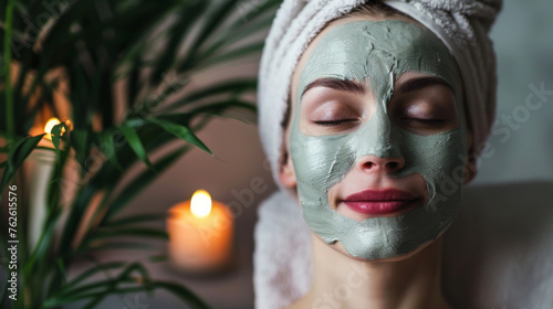 A woman wearing a mask on her face is in a beauty salon at a spa