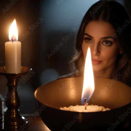 Rostro de mujer junto a dos velas encendidas en un candelabro y en un recipiente  photo