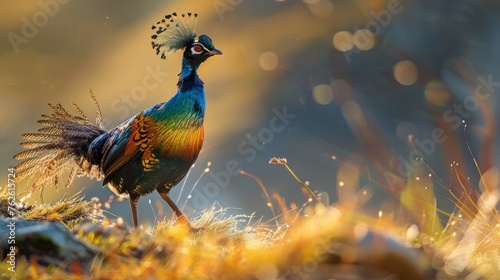A vibrant Himalayan Monal bird stands on top of a grassy field. The birds colorful feathers shine under the sunlight as it surveys its surroundings.