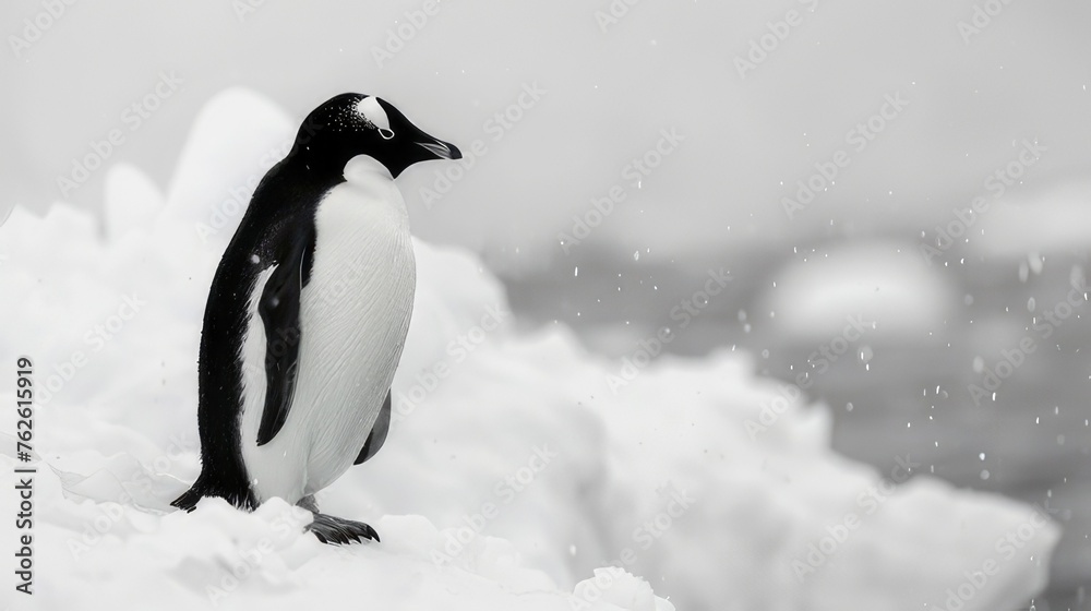 Embrace Antarctic Beauty: Charming Penguin Poses on Snowy Terrain, Whimsical Touch Amidst Serene Antarctic Landscape, Visually Stunning Contrast of Black and White Plumage
