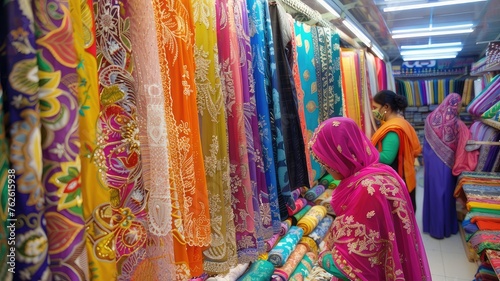 Embark on Cultural Splendor Local Fabric Store Customers Select Vibrant Fabrics and Delicate Lace for Traditional Eid Outfits, Fusion of Heritage and Artistic Expression