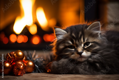 Cute black fluffy pet. He sleeps on the carpet in front of the fireplace сreated with Generative Ai