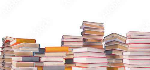 Composition with hardcover books, Books stacking, isolated on white background. Back to school. Copy Space. Education background. panorama, banner