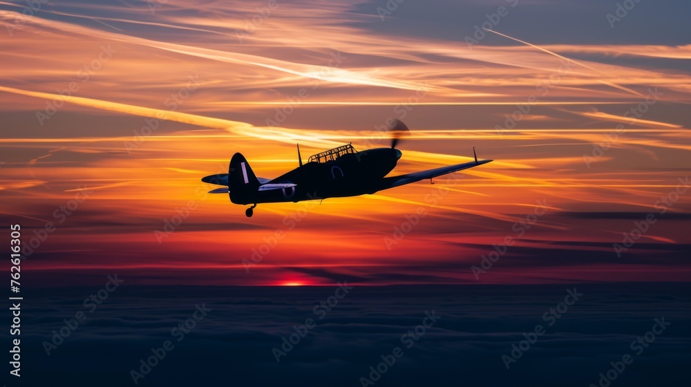A black and white airplane flying through a sunset. The sky is filled with clouds and the sun is setting A black and white airplane flying through a sunset. The sky is filled with clouds and the sun is setting
