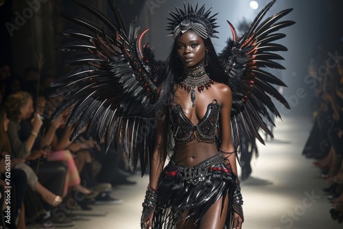 A high-fashion model parades an avant-garde ensemble with feathered wings on the runway.