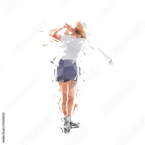 Golf player, female golfer. Isolated low poly vector illustration of woman playing golf, geometric drawing