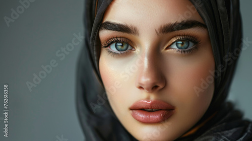Beautiful Muslim woman on the gray background