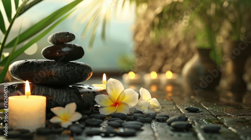 Spa concept massage stones with candles in nature background.