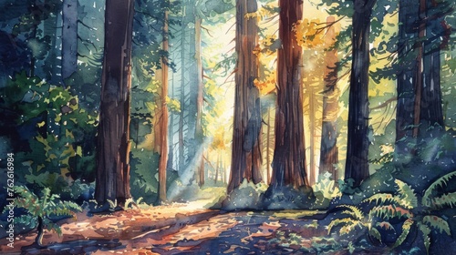 A watercolor painting depicting a dense forest with sunlight filtering through the tall trees, creating a play of light and shadows on the forest floor. The scene captures the beauty and tranquility o