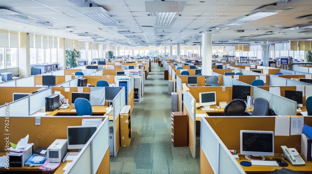 A corporate office floor filled with numerous desks and computers, showing a bustling work environment where employees are hard at work.