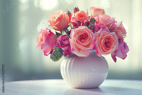 Soft pink and peach roses bloom beautifully in a radiant white vase, set against a blurred light background for a dreamy effect.