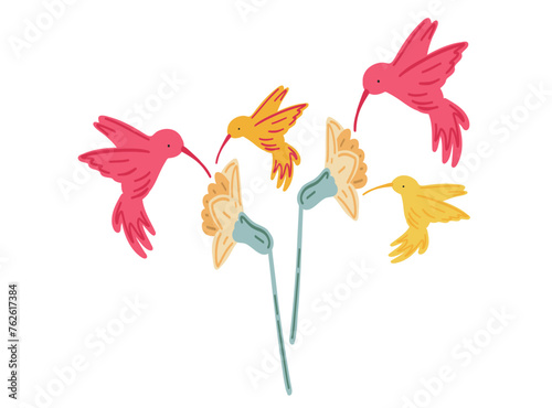 Flat design set with flowers and hummingbird