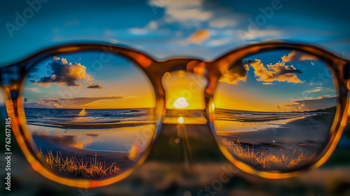 Photo of a sunset reflected in the glasses of an observer.