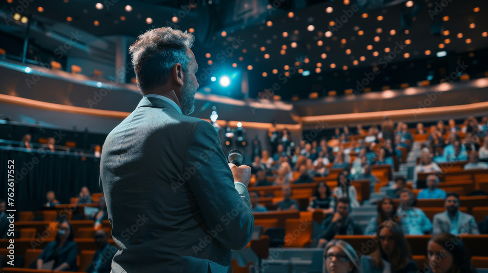 During a business and entrepreneurship symposium, a speaker gave a talk to an audience in a conference hall During a business and entrepreneurship symposium, a speaker gave a talk to an audience in a conference hall