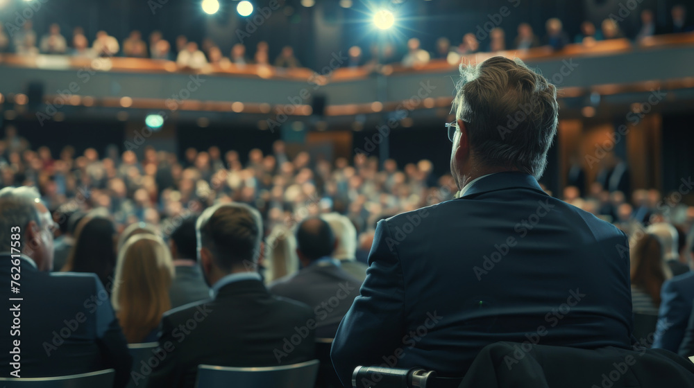 During a business and entrepreneurship symposium, a speaker gave a talk to an audience in a conference hall During a business and entrepreneurship symposium, a speaker gave a talk to an audience in a conference hall