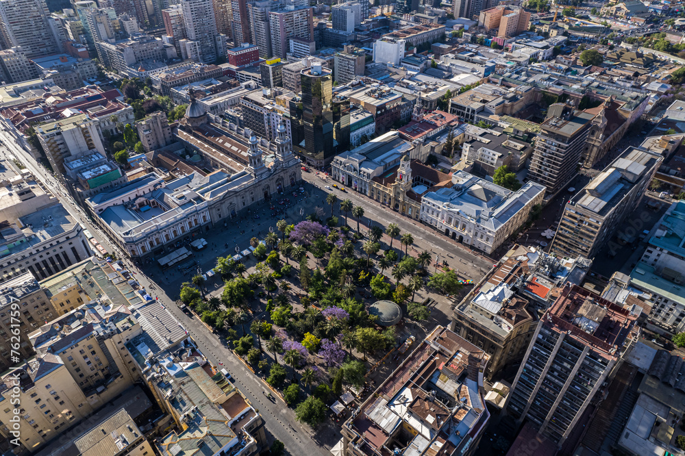 Aerial view of the Church of San Vicente de Ferrer de Los Dominicos in Santiago de Chile and magnificent City